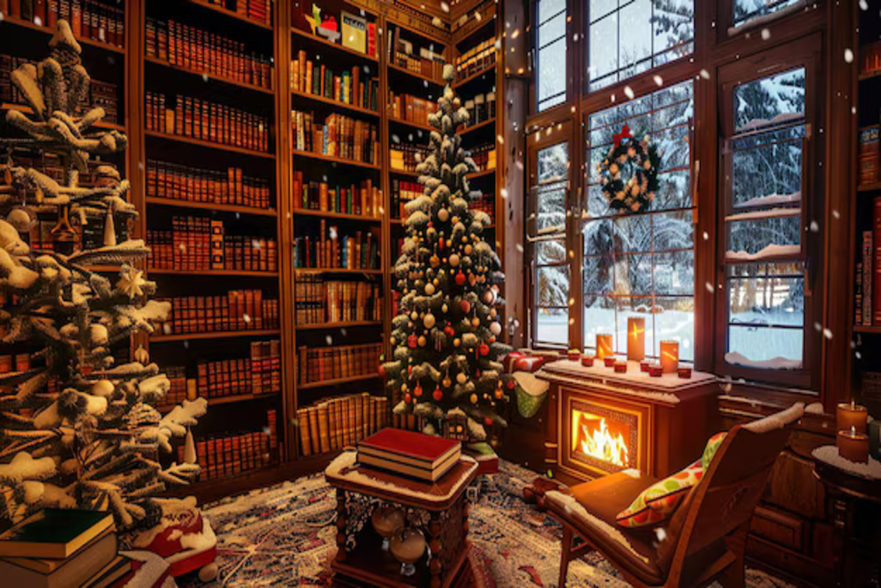 library decorated for Christmas
