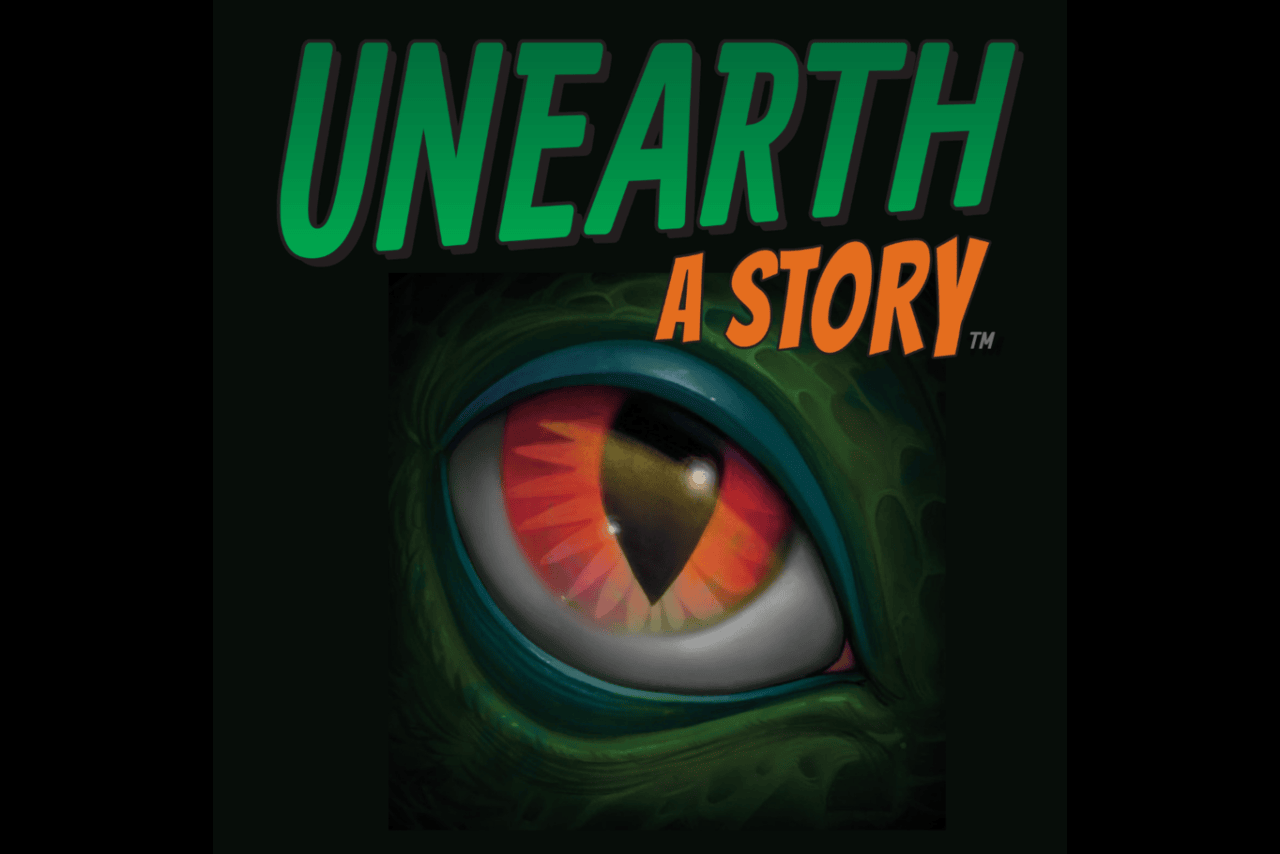 Unearth a story logo with a dinosaur eye