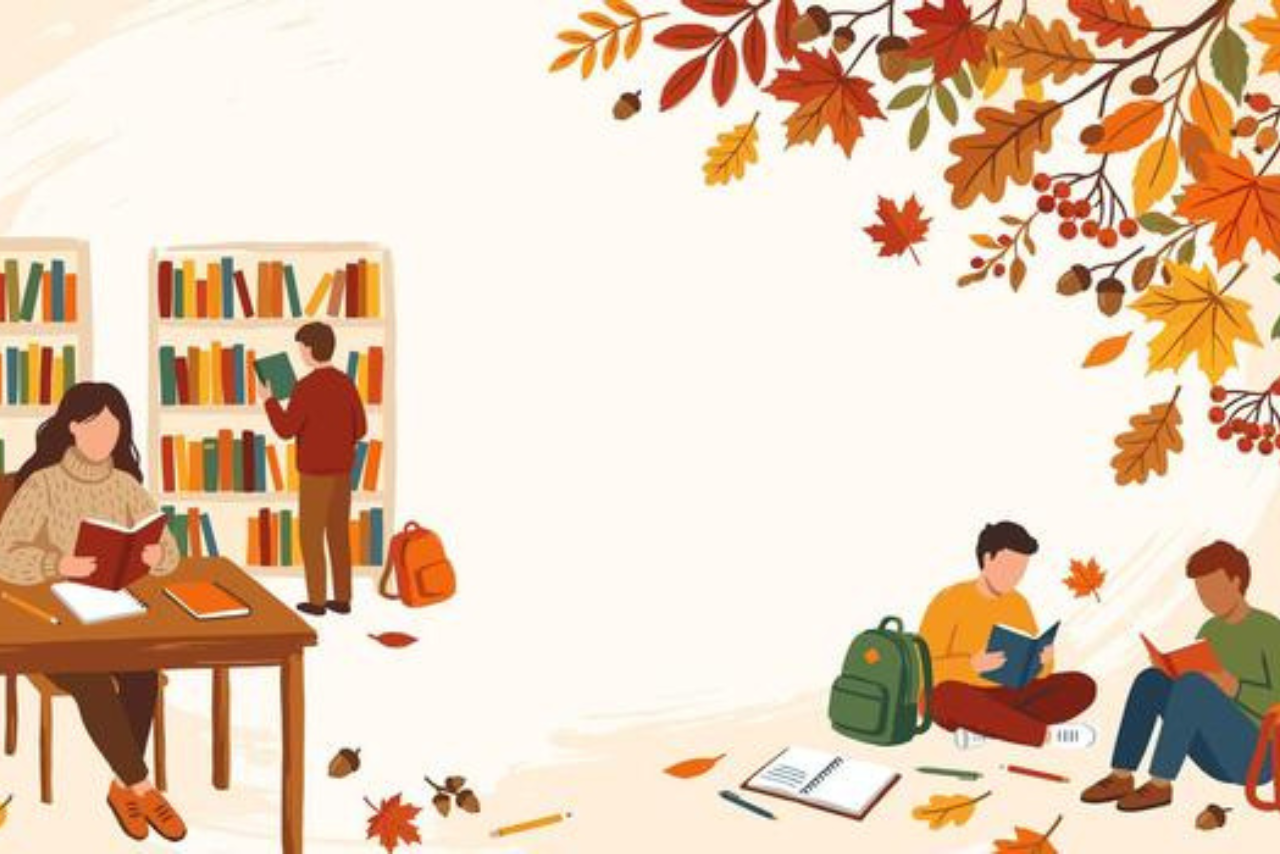 fall leaves and people reading books