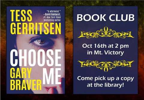 book club flyer with photo of book and date and time