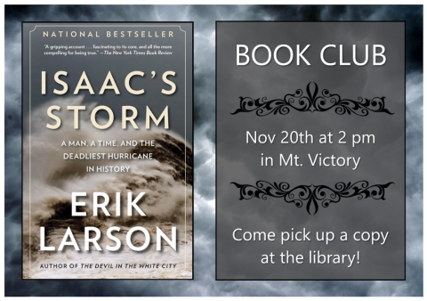 Mt. Victory book club flyer